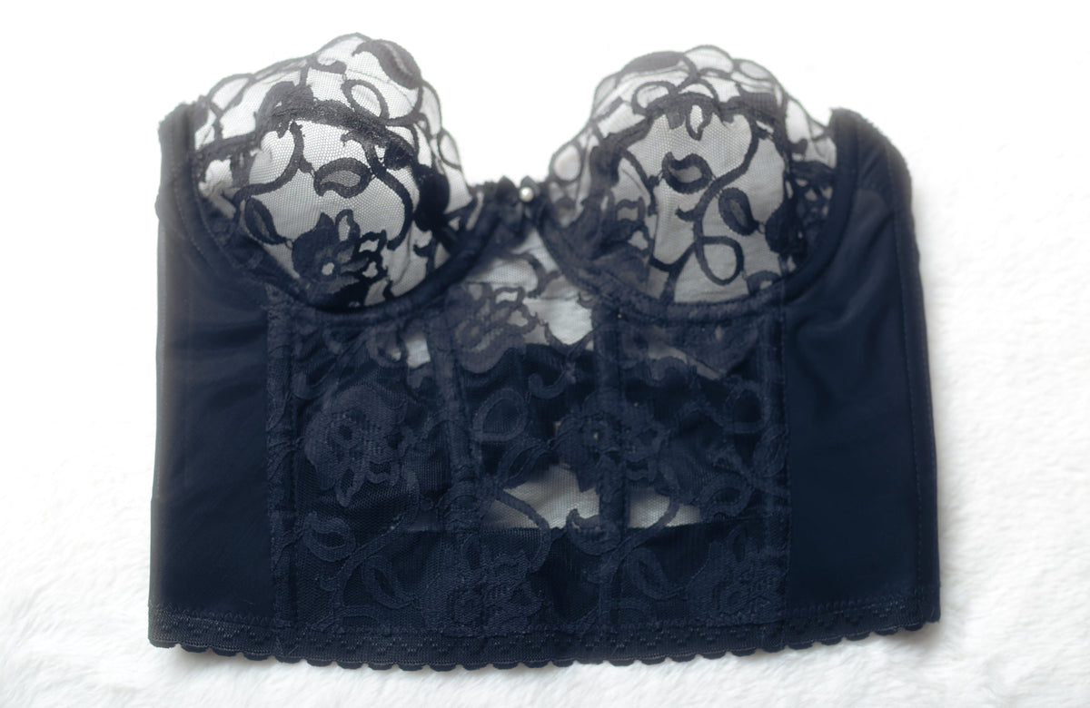 Victoria's Secret Vintage Gold Tag 34B Unlined Sheer Lace Basque Corset Bustier Bra Black