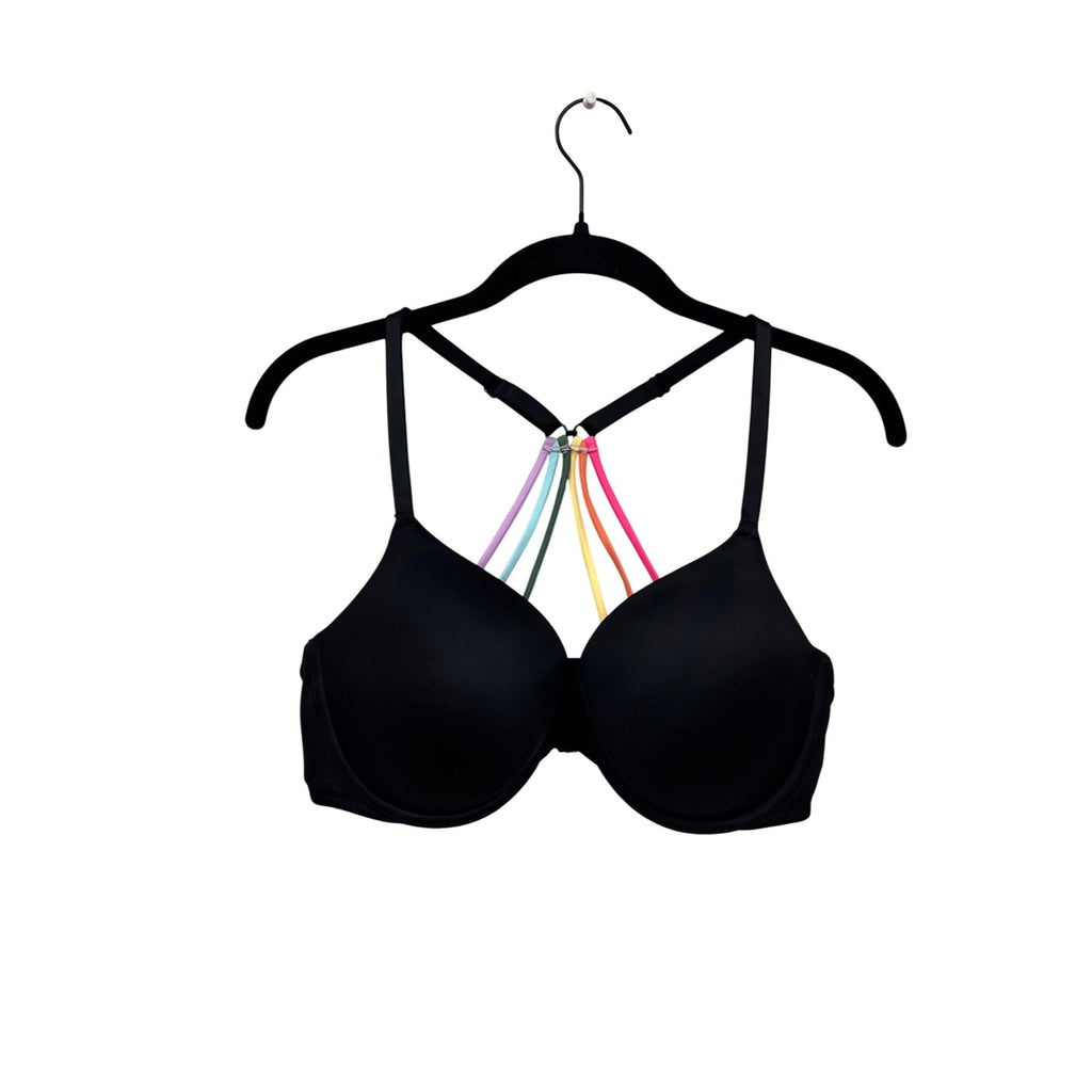 Pink By Victorias Secret Black 36D Push-Up Bra With Rainbow Straps #8746